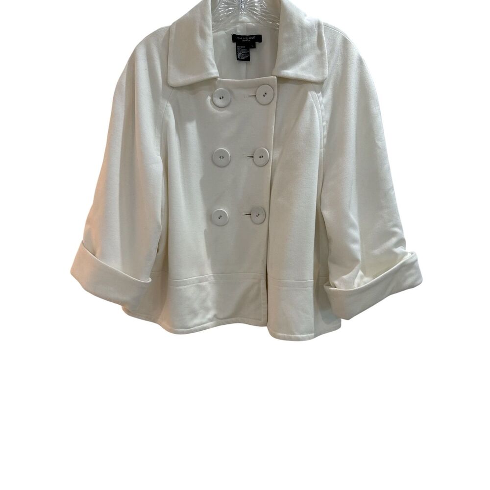 Sandro Sportswear Large White Cropped Swing Peacoat Jacket Rolled Cuff Shawl Col